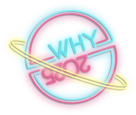 Neon WHY2025 logo
Cyan and magenta planet shape with 2 yellow rings and WHY and 2025 inside the circle, as if it was written along the equator
