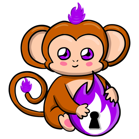 A digital drawing of the Open Security Conference mascot named Osco. They are a medium brown monkey with a purple flame on top of their head and at the tip of their tail, as well as bright, purple eyes. Osco is sitting on the ground and smiling at us with rosy cheeks while hugging a lock in the shape of a purple and white flame.