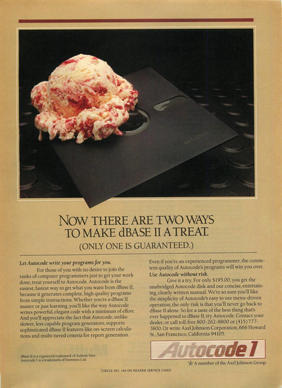A vintage advertisement for Autocode 1, a software tool designed to generate dBase II programs with minimal effort. The ad features a humorous visual of a scoop of melting raspberry ripple ice cream placed on a 5.25-inch floppy disk, playing on the tagline: "Now There Are Two Ways to Make dBase II a Treat. (Only One Is Guaranteed.)" The text promotes Autocode 1 as an easy and efficient way for users to create structured, high-quality programs without extensive programming knowledge. It highlights features such as on-screen calculations, multi-tiered report generation, and compatibility with dBase II. The product is offered for $195.00, with a money-back guarantee if users prefer traditional coding methods