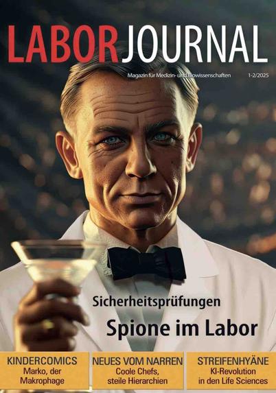 Cover der neuen Laborjournal-Ausgabe 1-2/2025 mit KI-generiertem Titelbild von James Bond im Laborkittel, der dem Betrachter mit einem Martini zuprostet. Darunter der Titel "Sicherheitsprüfungen – Spione im Labor". Ganz unten in drei Kästen nebeneinander Ankündigungen dreier weiterer Artikelthemen des abgebildeten Hefts.