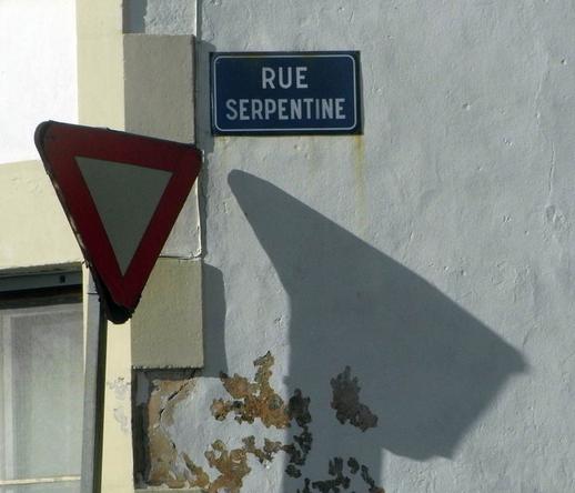 Panneau triangulaire rouge et blanc Cédez le passage qui se reflète comme une tête de serpent sur un mur blanc. au-dessus, un panneau de nom de rue bleu "Rue Serpentine"
