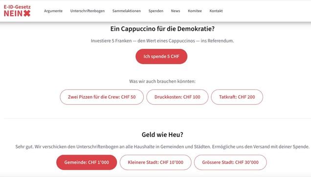 Screenshot der Spendemögichkeiten auf der E-ID-Gesetz-NEIN Webseite