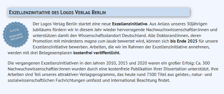 Ausschnitt der oben verlinkten Seite des Logos Verlags, in dem die Exzellenzinitiative beschrieben wird.
