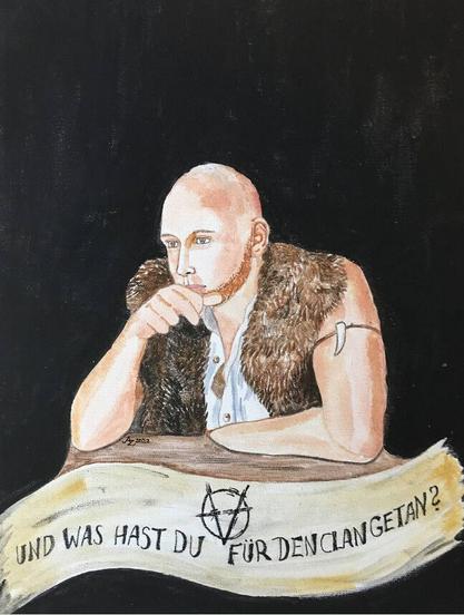 Der Brujha Vampir hat einen kahlen Kopf und trägt eine Fellweste. Er sitzt mit nachdenklicher Miene an einem Tisch. Ein Spruchband unter ihm hat die Zeile: "Und was hast du für den Clan getan?" Darüber ist das Brujah-Symbol zu sehen, eine Art V in einem Kreis, mit zwei Strichen an den Streben.