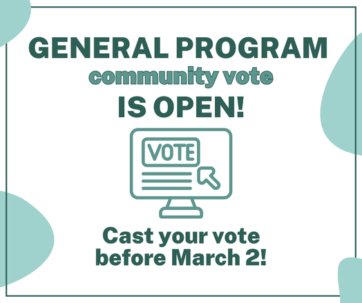 Announcement for the community vote for the general program, urging participation before March 2. Includes a graphic of a computer screen.
