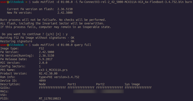 this is me, updating, or "burning" a newer firmware onto my Mellanox ConnectX-3 MCX311A-XCAT - this wording is really fracking scary