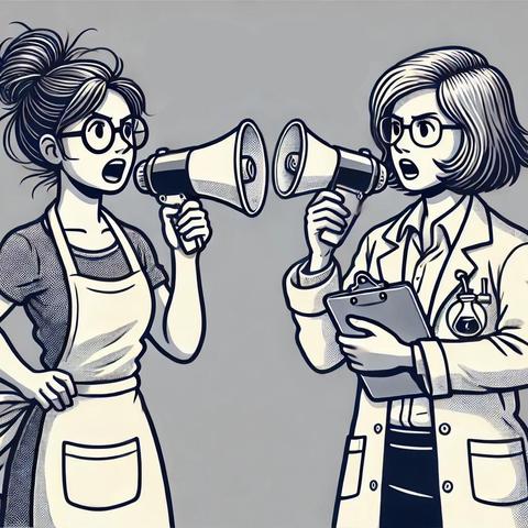 A cartoon Mom and a cartoon female Food Scientist talk past each other with megaphones.