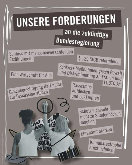 Sharepic mit Forderungen an die zukünftige Bundesregierung, u.a. Schutzsichende nicht zu Sündenböcken machen und Klimakatastrophe ernstnehmen. Eine Wirtschaft für Alle!
