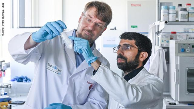 Professor Sebastian Seiffert (left) and Dr. Amir Jangizehi are examining a sample in the lab at JGU. (photo/©: Peter Thomas / JGU)