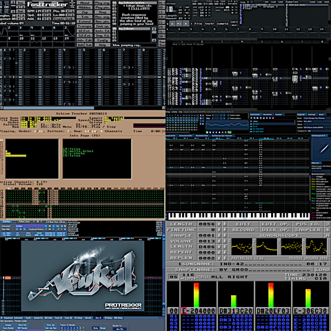 from left to right, top to bottom: FastTracker II, MilkyTracker, Schism Tracker, Furnace, Protrekkr, and Protracker