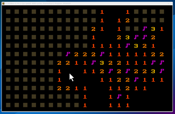 Screenshot of the minesweeper, mid-game, running in a Dosbox window.