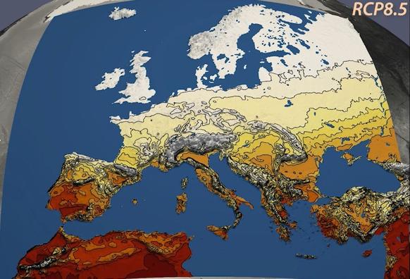 A map of heat days in Europe in 2050 (if RCP8.5).

The number of heat days (days with daily maximum temperature ≥ 30°C) shows a strong north-south gradient. The number of heat days increases in RCP2.6 and RCP8.5 until 2030. From 2030 onwards, the number of heat days continues to increase only for RCP8.5. The video clearly shows how the lines of the same number of heat days continuously proceed to the North... but halts at mountain ridges.