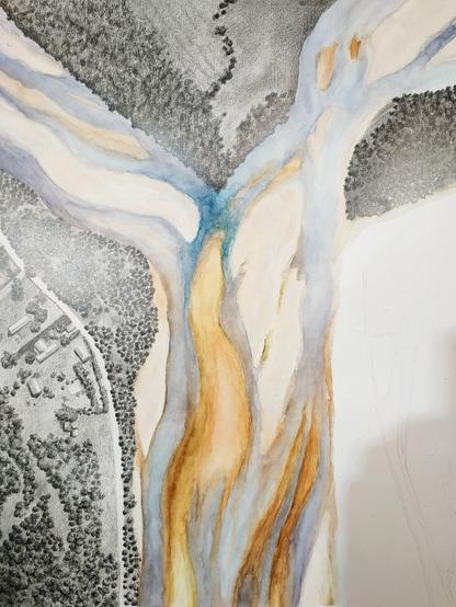 Vue globale de mon travail en cours en technique mixte (aquarelle et graphite). Paysage de Loire (bec d'Allier) en vue aérienne.