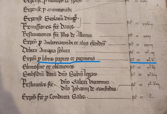 Photo d'une page de manuscrit médiéval. Une ligne est soulignée : "Expensis pro libris papiro et pergameno : fol. CCXLV"