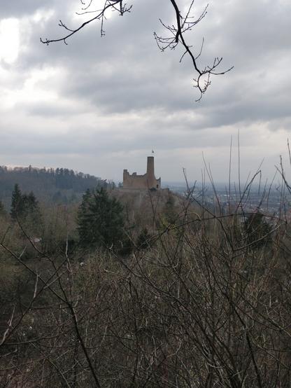 Foto der Burgruine Windeck aus der Ferne. Der Himmel ist bewölkt.