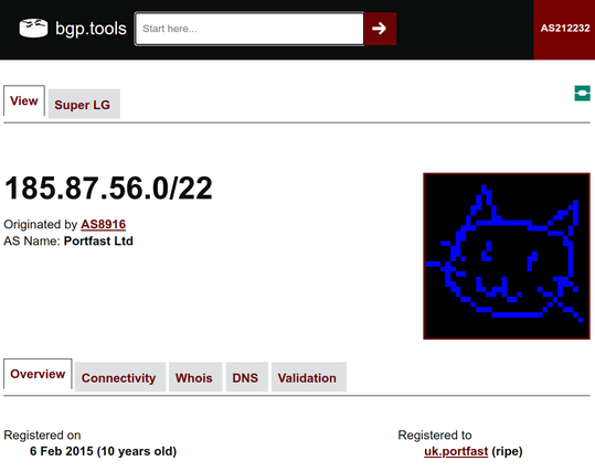 A screenshot of bgp.tools, showing an IP block from portfast Ltd, the hilbert IP map displays a cat