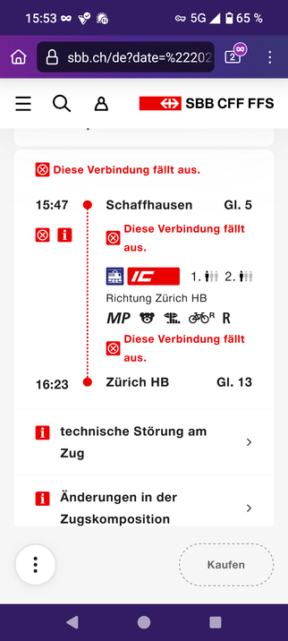 Fahrplanmeldung, defekter IC Stuttgart to Zuerich