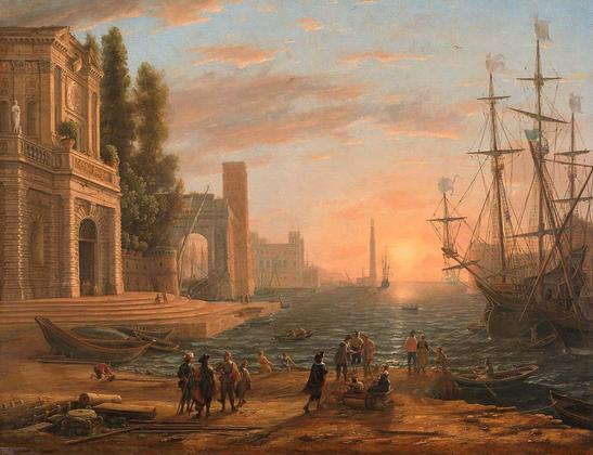 This painted seaport is an imaginary scene, although the architecture is based on sixteenth-century buildings in Rome. The most distant building combines features taken from the Villa Farnesina and Palazzo Senatorio.