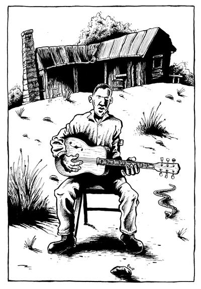 Un Bluesman joue de la guitare devant une vieille cabane. Non loin de lui rampe un serpent à sonnette.