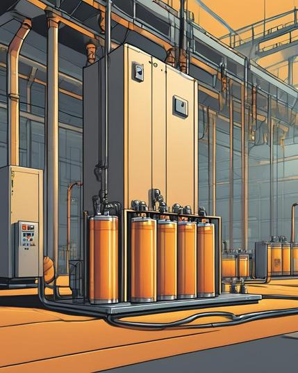 A factory hooked up to big batteries. The colors are brown yellow and grey. It looks very sterile and in decay