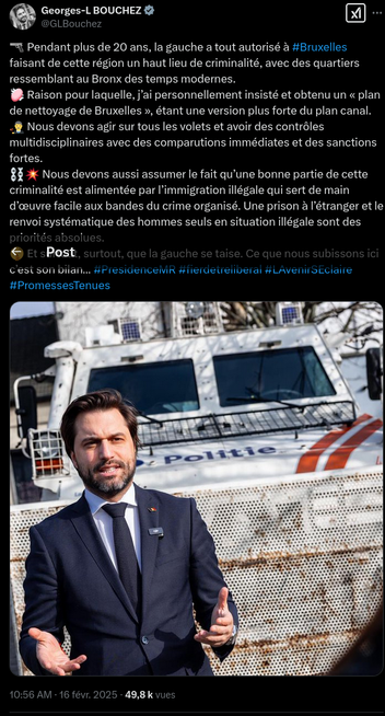 Publication de G-L BOUCHEZ sur X : les violences (fusillades) à Bruxelles sont la conséquence des politiques de la gauche.