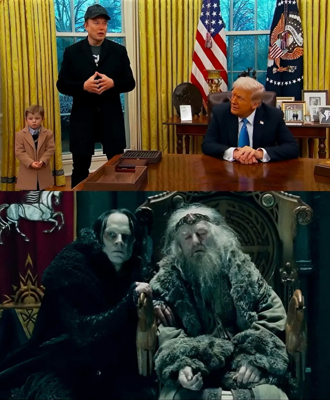 The top image is of Elon Musk, Putin's henchman, speaking in the Oval Office while Donald Trump listens. Bottom image: In The Lord of the Rings, Gríma Wormtongue, Saruman's henchman, is shown next to an old King Théoden of Rohan.