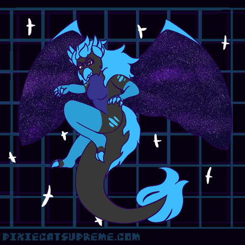 A dark blue and light blue bird flying and looking at the viewer. She is angry. Her wings are big and you can see a fake space in them. It is themed after the Zenith Martlet fight from Undertale Yellow.