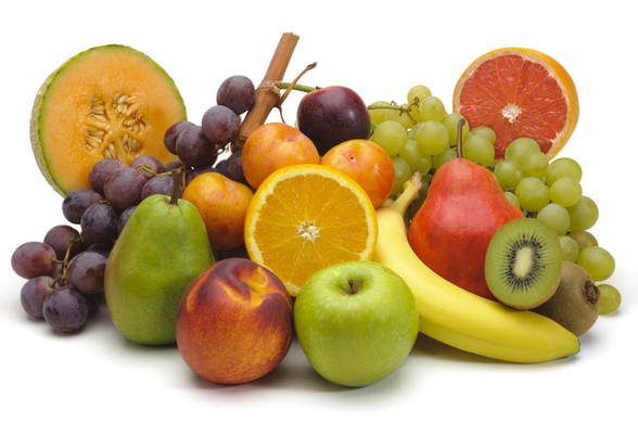 Obstfrüchte. Melone, Weintrauben Birne, Apfel, Phirsich, Orange, Kiwi, Nektariene, Banane