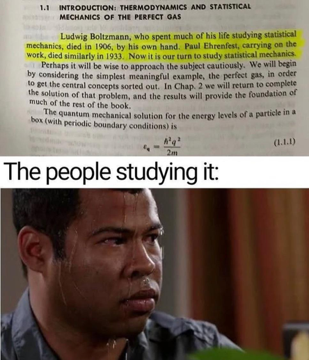 The image is a text excerpt from a book, wuth a quote: "Ludwig Boltzmann, who spent much of his life studying statistical mechanics, died in 1906, by his own hand. Paul Ehrenfest, carrying on the work, died similarly in 1933. Now it is our turn to study statistical mechanics."

The next section: "The people studying it:" and the picture of "Sweating Jordan Peele" under.