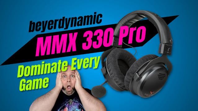 Close-up of the Beyerdynamic MMX 330 Pro gaming headset showcasing its sleek design, velour ear pads, and high-quality build, highlighting the premium comfort and audio performance.