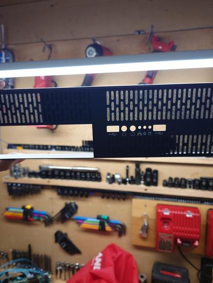 Front bezel of 2U server held up to the light, showing a couple areas of grill blanked off