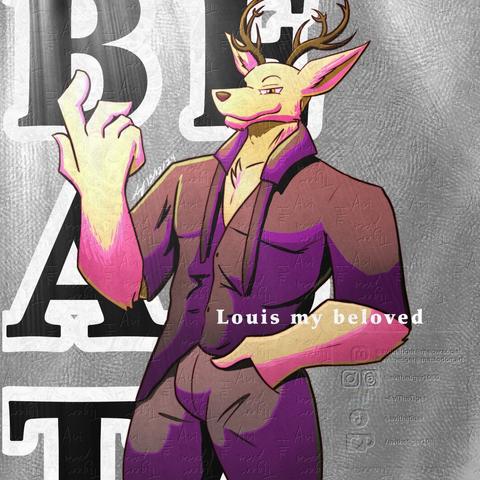An illustration of Louis the Red Deer posing from Bestirs posing against a gray background.  His tie and the top button of his shirt are undone and it looks like he’s inviting you somewhere