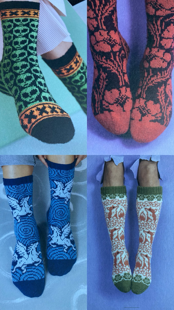 Four pairs of fair isle socks featuring aliens, poppies, winged horses and foxes.)