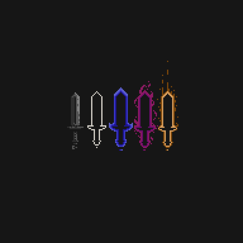 A set of rarity effects for a sword, from left to right the sword itself, white outline normal rarity, blue for magic rarity, purple for rare, orange/golden glow for legendary.