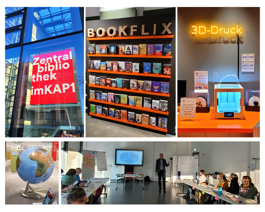 Collage: Impressionen aus der Bibliothek und Seminarraum