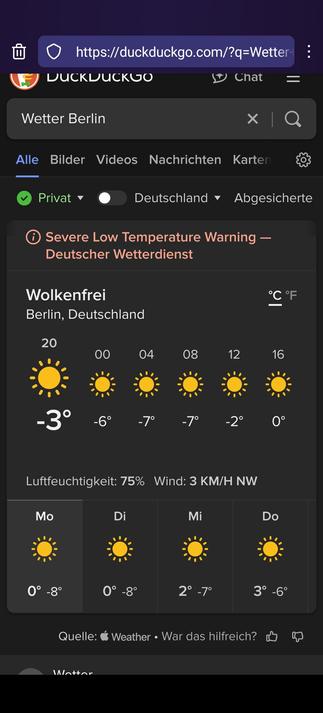 Temperatur Anzeige der nächsten Tage in Berlin auf duckduckgo.
alle Temperaturen sind im minus Bereich