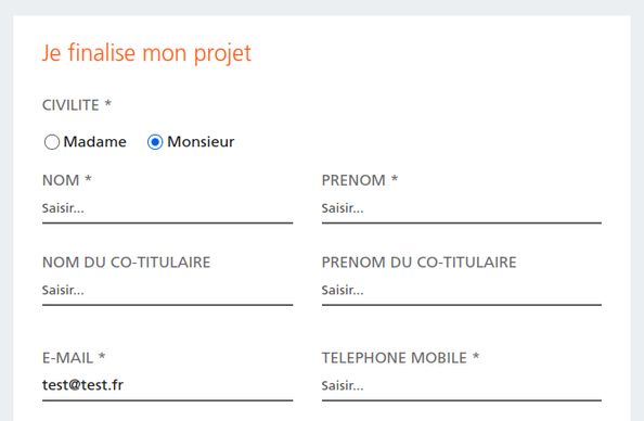 Un formulaire d’inscription qui demande nom, prénom, nom et prénom du co-titulaire, e-mail et téléphone. Le champ « e-mail » est rempli avec « test@test.fr » et rien n’est en surbrillance, ce qui indique que tout va bien.