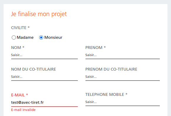 Comme l’image précédente, mais le champ « e-mail » contient « test@avec-tiret.fr ». Le champ est en surbrillance rouge, et il y a l’erreur « E-mail invalide » en dessous.