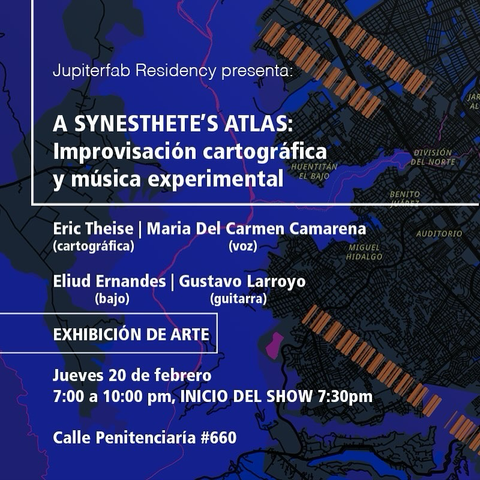 A colorful map is displayed underneath text giving details of the performance (doors @ 7p, show @ 7:30p, C. Penitenciaría 660, Col Americana, Americana, 44160 Guadalajara, Jalisco, Mexico).