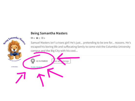 a screenshot from wattpad showing that Being Samantha Masters is the #2 ranked story in the category of Farce