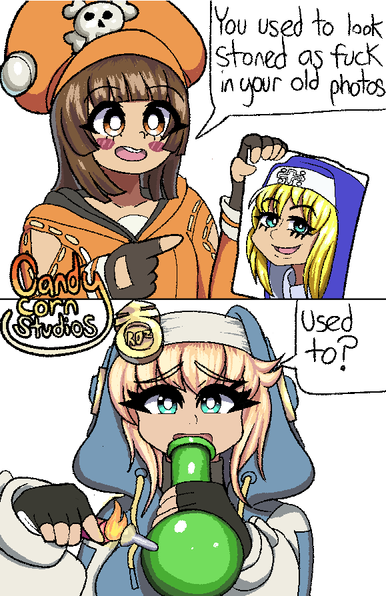 First panel has May holding a picture of classic Bridget from Guilty Gear XX and she says “you used to look stoned as fuck in your old photos”  In the second panel, Bridget is holding a huge ass bong and lighter and saying “used to?”
