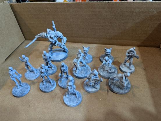 Some cyberpunk miniatures from Unit 9 and some Papsickles figures primed for painting. Unit 9 is mostly from the August 2023 set - Bomber Girls.