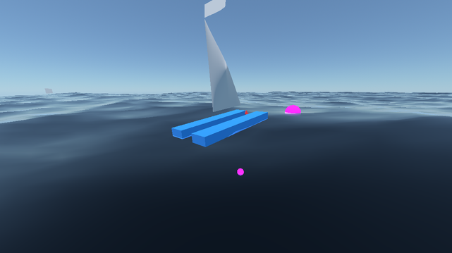 Screenshot of a sailing game demo showing a rough light-blue sailboat model with a waving flag in the center surrounded by deep blue ocean waves. Alongside the boat are two magenta spheres floating in the water.