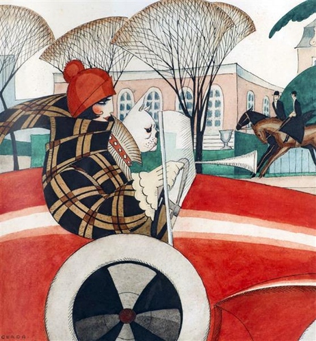 An Art Deco image from the 1920s. A woman and a pug sit in a red automobile; the woman is in a red cloche hat and a black-and-brown plaid coat. In the background can be seen two people on horseback, a building, and some trees that appear bare, but another is green, hinting that this is early spring. The woman in the car is Lili Ilse Elvenes, Wegener's trans partner.
