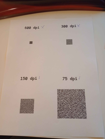 the same qr code at four sizes: 600 dpi, 300 dpi, 150 dpi, and 75 dpi.