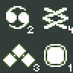 Kamon-inspired abstract symbols to represent "rarity" rankings: "epic" (2nd - top left), "uncommon" (4th - top right), "rare" (3rd - bottom left) and "legendary" (1st - bottom right). Hand-rendered as 48x48 pixel art (resized to 144x144)