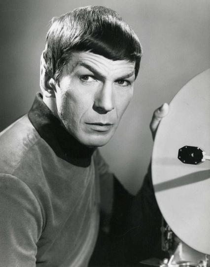 Promotional image of Leonard Nimoy as Spock from the original Star Trek tv show, with his trademark bangs.