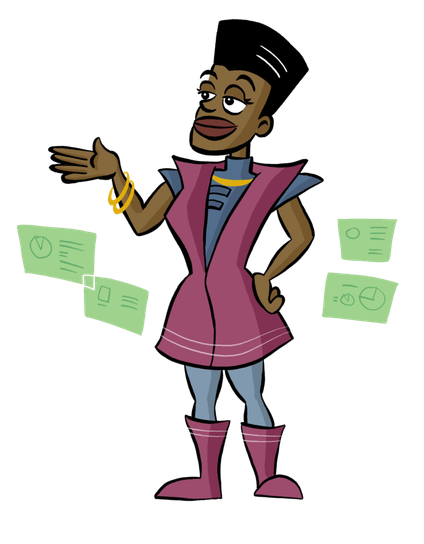 A dark-skinned person with black hair wearing purple and grey-blue retro-futuristic clothing gestures to the viewer's left. Green-tinted documents float around them.