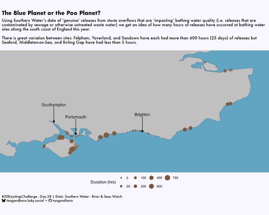 "The Blue Planet or the Poo Planet?"

"Using Southern Water's data of 'genuine' releases from storm overflows that are 'impacting' bathing water quality (i.e. releases that are contaminated by sewage or otherwise untreated waste water) we get an idea of how many hours of releases have occurred at bathing water sites along the south coast of England this year. 

There is great variation between sites: Felpham, Yaverland, and Sandown have each had more than 600 hours (25 days) of releases but Seaford, Middleton-on-Sea, and Birling Gap have had less than 5 hours."