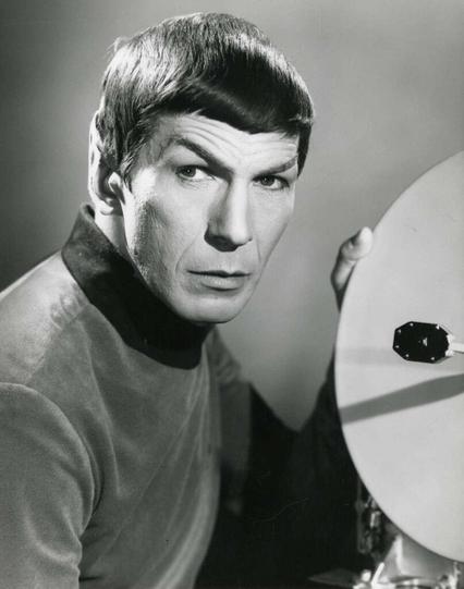 Promotional image of Leonard Nimoy as Spock from the original Star Trek tv show, with his trademark bangs.